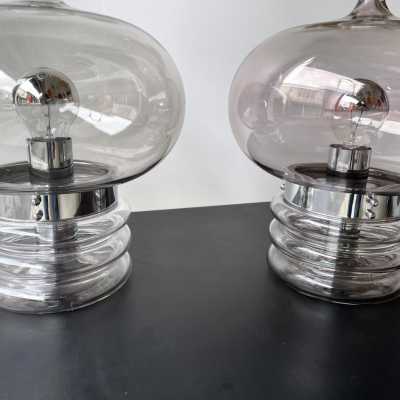 Pair of lamps in gray smoked glass and chromed metal by Glashütte Limburg. Germany 1970. in the style of Venini, Vistosi, Veronese, La Murrina, Stilux, Aldo Carlo Nason, Stilnovo, Joe Colombo, Arteluce, Arredoluce, Italian design Lumi, Luci, Rggiani, Sciolari, Werner Pantone, Luigi Colani, Raak, Angelo Lelii, Angelo Brotto, Esperia, Francesco Bocola, Superstudio, Enrico Tronconi, Mario Bellini, Harvey Guzzini, Luigi Massoni, Martinelli, Pierre Cardin, Fabio Lenci, Gio Ponti. sconces chandelier suspension