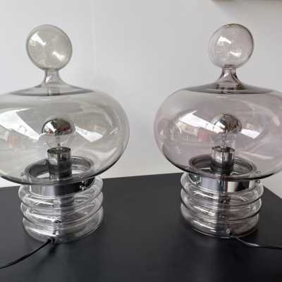 Pair of lamps in gray smoked glass and chromed metal by Glashütte Limburg. Germany 1970. in the style of Venini, Vistosi, Veronese, La Murrina, Stilux, Aldo Carlo Nason, Stilnovo, Joe Colombo, Arteluce, Arredoluce, Italian design Lumi, Luci, Rggiani, Sciolari, Werner Pantone, Luigi Colani, Raak, Angelo Lelii, Angelo Brotto, Esperia, Francesco Bocola, Superstudio, Enrico Tronconi, Mario Bellini, Harvey Guzzini, Luigi Massoni, Martinelli, Pierre Cardin, Fabio Lenci, Gio Ponti. sconces chandelier suspension