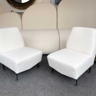 pair of armchairs, fabrics bouclé metal brass studio apa lenzi italy 1950 1960