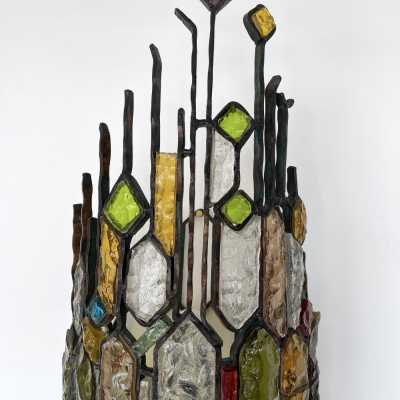 wall lamp wrought iron hammered glass longobard poliarte biancardi jordan golden italy 1970