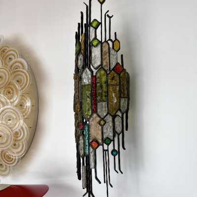 wall lamp wrought iron hammered glass longobard poliarte biancardi jordan golden italy 1970