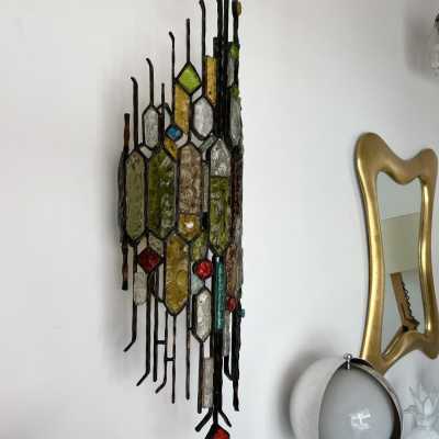 wall lamp wrought iron hammered glass longobard poliarte biancardi jordan golden italy 1970