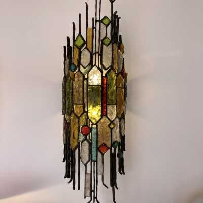 wall lamp wrought iron hammered glass longobard poliarte biancardi jordan golden italy 1970