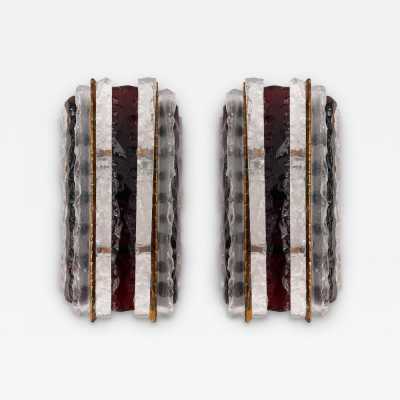 Paire d'appliques brutaliste en fer forgé doré et verre martelé par Longobard. Italie 1970