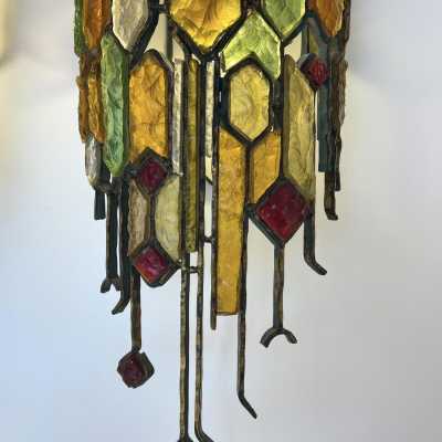 Large pair of sconces in gilded patinated wrought iron and hammered glass by Longobard. Italy 1970 Poliarte biancardi and jordan arte suspension chandelier lamps, Carlo Aldo nason for Mazzega Murano, Venini, vistosi, la murrina.