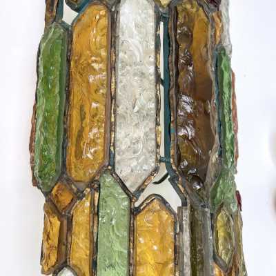 Large pair of sconces in gilded patinated wrought iron and hammered glass by Longobard. Italy 1970 Poliarte biancardi and jordan arte suspension chandelier lamps, Carlo Aldo nason for Mazzega Murano, Venini, vistosi, la murrina.