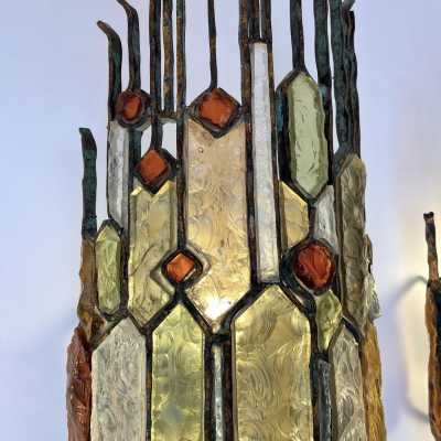 Large pair of sconces in gilded patinated wrought iron and hammered glass by Longobard. Italy 1970 Poliarte biancardi and jordan arte suspension chandelier lamps, Carlo Aldo nason for Mazzega Murano, Venini, vistosi, la murrina.