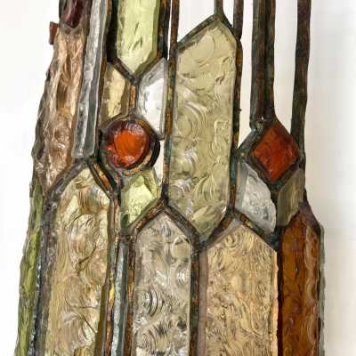 Large pair of sconces in gilded patinated wrought iron and hammered glass by Longobard. Italy 1970 Poliarte biancardi and jordan arte suspension chandelier lamps, Carlo Aldo nason for Mazzega Murano, Venini, vistosi, la murrina.