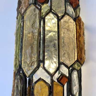 Large pair of sconces in gilded patinated wrought iron and hammered glass by Longobard. Italy 1970 Poliarte biancardi and jordan arte suspension chandelier lamps, Carlo Aldo nason for Mazzega Murano, Venini, vistosi, la murrina.