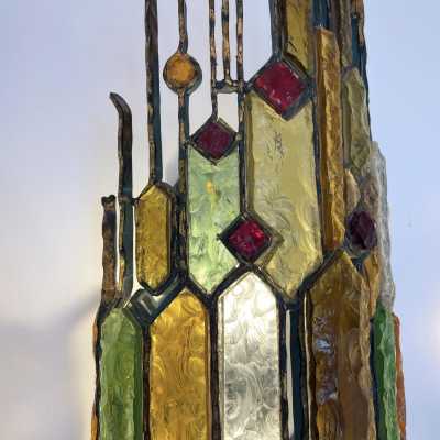 Large pair of sconces in gilded patinated wrought iron and hammered glass by Longobard. Italy 1970 Poliarte biancardi and jordan arte suspension chandelier lamps, Carlo Aldo nason for Mazzega Murano, Venini, vistosi, la murrina.