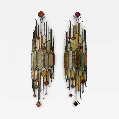 Large pair of sconces in gilded patinated wrought iron and hammered glass by Longobard. Italy 1970 Poliarte biancardi and jordan arte suspension chandelier lamps, Carlo Aldo nason for Mazzega Murano, Venini, vistosi, la murrina.