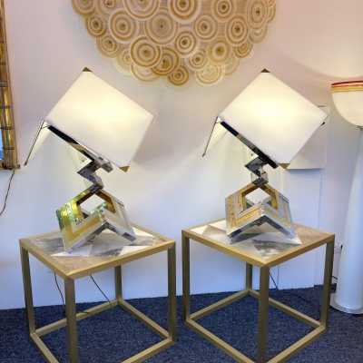 pair lamps lumica brass chromed metal willy rizzo spain barcelona 1970