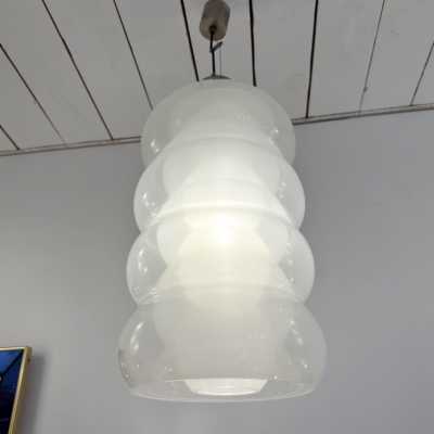 Chandelier or suspension in white smoked Murano glass and stainless steel by Carlo Nason for Mazzega. Italy 1970. in the style of Venini, Veronese, La Murrina, Aldo Nason, Stilnovo, Joe Colombo, Arteluce, Arredoluce, Lumi, Luci, Rggiani, Sciolari, Werner Pantone, Luigi Colani, Raak, Angelo Lelii, Angelo Brotto, Esperia, Pierre Cardin brass wall lamps mid-century modern space age 1980 stainless steel