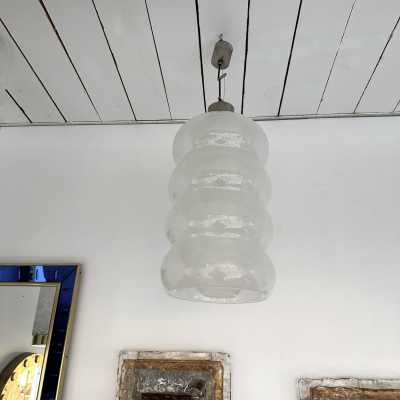Chandelier or suspension in white smoked Murano glass and stainless steel by Carlo Nason for Mazzega. Italy 1970. in the style of Venini, Veronese, La Murrina, Aldo Nason, Stilnovo, Joe Colombo, Arteluce, Arredoluce, Lumi, Luci, Rggiani, Sciolari, Werner Pantone, Luigi Colani, Raak, Angelo Lelii, Angelo Brotto, Esperia, Pierre Cardin brass wall lamps mid-century modern space age 1980 stainless steel