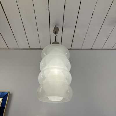 Chandelier or suspension in white smoked Murano glass and stainless steel by Carlo Nason for Mazzega. Italy 1970. in the style of Venini, Veronese, La Murrina, Aldo Nason, Stilnovo, Joe Colombo, Arteluce, Arredoluce, Lumi, Luci, Rggiani, Sciolari, Werner Pantone, Luigi Colani, Raak, Angelo Lelii, Angelo Brotto, Esperia, Pierre Cardin brass wall lamps mid-century modern space age 1980 stainless steel