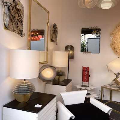 Pair of gray tinted glass brass mirrors by Modernindustria. Italy 1970 Romeo Rega, Tommaso Barbi, Sandro Petti for Maison Jansen, Willy Rizzo, Mario Sabot.