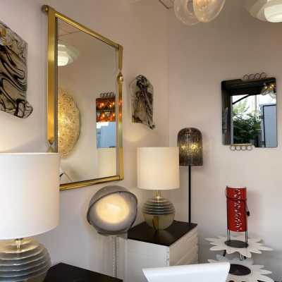 Pair of gray tinted glass brass mirrors by Modernindustria. Italy 1970 Romeo Rega, Tommaso Barbi, Sandro Petti for Maison Jansen, Willy Rizzo, Mario Sabot.