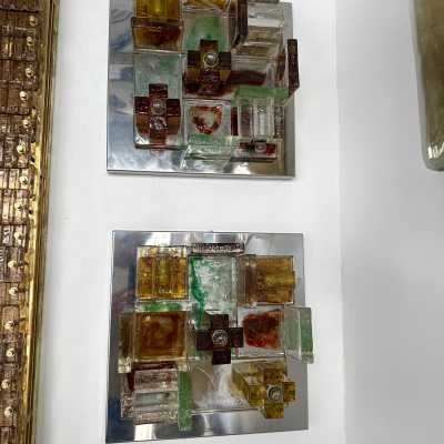 Pair of geometry wall or ceiling lights in pressed glass and stainless steel by Poliarte. Italy 1970. in the style of Biancardi and Jordan Arte, Longobard, Venini, Vistosi, La Murrina, Aldo Carlo Nason for Mazzega Murano, Toni Zuccheri for Veart, Stilnovo