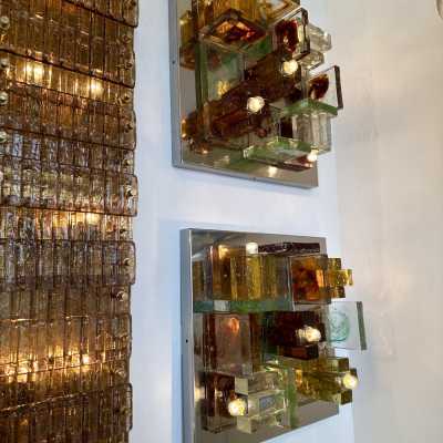 Pair of geometry wall or ceiling lights in pressed glass and stainless steel by Poliarte. Italy 1970. in the style of Biancardi and Jordan Arte, Longobard, Venini, Vistosi, La Murrina, Aldo Carlo Nason for Mazzega Murano, Toni Zuccheri for Veart, Stilnovo