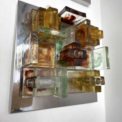 Pair of geometry wall or ceiling lights in pressed glass and stainless steel by Poliarte. Italy 1970. in the style of Biancardi and Jordan Arte, Longobard, Venini, Vistosi, La Murrina, Aldo Carlo Nason for Mazzega Murano, Toni Zuccheri for Veart, Stilnovo