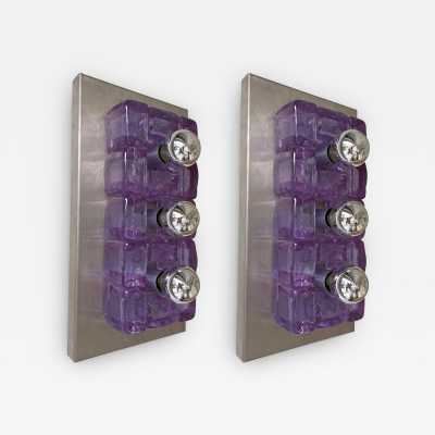 wall lights pair lamps pressed glass murano metal stainless steel poliarte longobard italy 1970