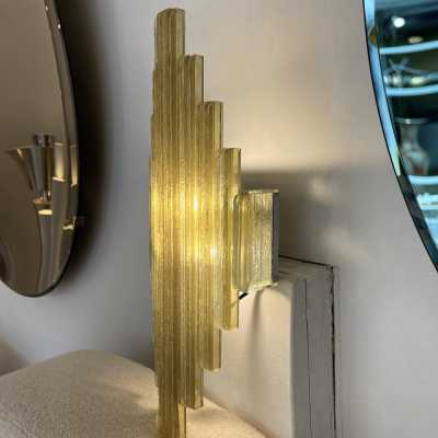 Pair of wall lamps in hammered glass by Poliarte. Italy 1970 brutalist