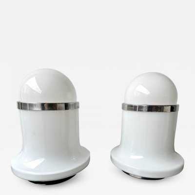Pair of Murano glass and chromed metal table lamps by Reggiani. Italy 1970. in the style of Venini, Vistosi, La Murrina, Aldo Carlo Nason, Mazzega, Esperia, Stilnovo, Artemide, Arteluce, Arredoluce, Memphis style, Ettore Sottsass, Joe Colombo, Lumi, Luci, Rggiani, Sciolari, Werner Pantone, Luigi Colani, Raak, Angelo Lelii, Angelo Brotto, Enrico Tronconi, Mario Bellini, Harvey Guzzini, Pierre Cardin floor lamp chandelier wall lights brass mid-century modern space age 1980