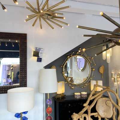 Sputnik suspension chandelier in brass and glass. Italy 1950 stilnovo arredoluce arteluce sciolari reggiani 1960 1970