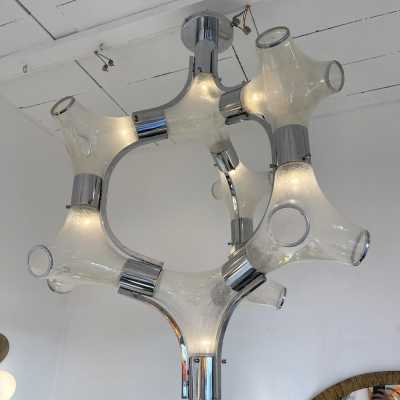 Chandelier or suspension in bubbled Murano glass and chromed metal by Aldo Nason for Mazzega. Italy 1970 carlo nason venini vistosi la murrina brass stainless steel wall lamps