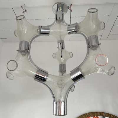 Chandelier or suspension in bubbled Murano glass and chromed metal by Aldo Nason for Mazzega. Italy 1970 carlo nason venini vistosi la murrina brass stainless steel wall lamps