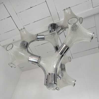 Chandelier or suspension in bubbled Murano glass and chromed metal by Aldo Nason for Mazzega. Italy 1970 carlo nason venini vistosi la murrina brass stainless steel wall lamps