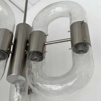 Mario Bellini, Harvey Guzzini, Luigi Massoni, Martinelli, Pierre Luster or Chain ring suspension in Murano glass and silver nickel-plated brass by Aldo Nason for Mazzega. Italy 1970. in the style of Venini, Veronese, La Murrina, Carlo Nason, Stilnovo, Joe Colombo, Arteluce, Arredoluce, Lumi, Luci, Rggiani, Sciolari, Werner Pantone, Luigi Colani, Raak, Angelo Lelii, Angelo Brotto, Esperia, Enrico Tronconi, Cardin, brass wall lamps mid-century modern space age chome metal