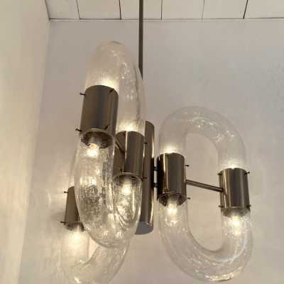 Mario Bellini, Harvey Guzzini, Luigi Massoni, Martinelli, Pierre Luster or Chain ring suspension in Murano glass and silver nickel-plated brass by Aldo Nason for Mazzega. Italy 1970. in the style of Venini, Veronese, La Murrina, Carlo Nason, Stilnovo, Joe Colombo, Arteluce, Arredoluce, Lumi, Luci, Rggiani, Sciolari, Werner Pantone, Luigi Colani, Raak, Angelo Lelii, Angelo Brotto, Esperia, Enrico Tronconi, Cardin, brass wall lamps mid-century modern space age chome metal