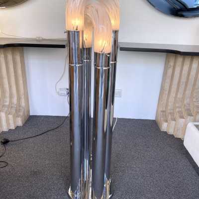 Chain Floor Lamp in Chrome Metal and Murano Glass. Aldo Nason for Mazzega. Italy 1970. in the style of Venini, La Murrina, Seguso, Carlo Nason, Poliarte, Esperia, Angelo Brotto, Stilnovo, Arteluce, Arredoluce, Artemide, Pierre Cardin, Lumi, Luci, Raak, Angelo Lelii, Francesco Bocola, Superstudio, Enrico Tronconi, Mario Bellini, Harvey Guzzini, Luigi Massoni, Martinelli, Fabio Lenci, Gio Ponti. mid-century brass stainless steel chandelier wall lights
