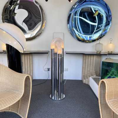 Chain Floor Lamp in Chrome Metal and Murano Glass. Aldo Nason for Mazzega. Italy 1970. in the style of Venini, La Murrina, Seguso, Carlo Nason, Poliarte, Esperia, Angelo Brotto, Stilnovo, Arteluce, Arredoluce, Artemide, Pierre Cardin, Lumi, Luci, Raak, Angelo Lelii, Francesco Bocola, Superstudio, Enrico Tronconi, Mario Bellini, Harvey Guzzini, Luigi Massoni, Martinelli, Fabio Lenci, Gio Ponti. mid-century brass stainless steel chandelier wall lights