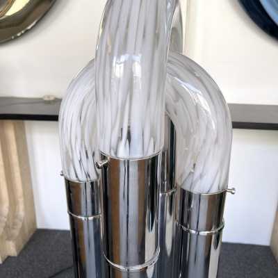 Chain Floor Lamp in Chrome Metal and Murano Glass. Aldo Nason for Mazzega. Italy 1970. in the style of Venini, La Murrina, Seguso, Carlo Nason, Poliarte, Esperia, Angelo Brotto, Stilnovo, Arteluce, Arredoluce, Artemide, Pierre Cardin, Lumi, Luci, Raak, Angelo Lelii, Francesco Bocola, Superstudio, Enrico Tronconi, Mario Bellini, Harvey Guzzini, Luigi Massoni, Martinelli, Fabio Lenci, Gio Ponti. mid-century brass stainless steel chandelier wall lights