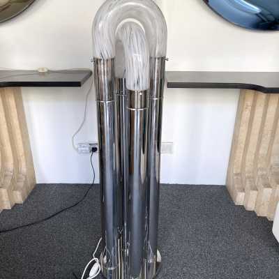 Chain Floor Lamp in Chrome Metal and Murano Glass. Aldo Nason for Mazzega. Italy 1970. in the style of Venini, La Murrina, Seguso, Carlo Nason, Poliarte, Esperia, Angelo Brotto, Stilnovo, Arteluce, Arredoluce, Artemide, Pierre Cardin, Lumi, Luci, Raak, Angelo Lelii, Francesco Bocola, Superstudio, Enrico Tronconi, Mario Bellini, Harvey Guzzini, Luigi Massoni, Martinelli, Fabio Lenci, Gio Ponti. mid-century brass stainless steel chandelier wall lights