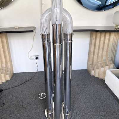 Chain Floor Lamp in Chrome Metal and Murano Glass. Aldo Nason for Mazzega. Italy 1970. in the style of Venini, La Murrina, Seguso, Carlo Nason, Poliarte, Esperia, Angelo Brotto, Stilnovo, Arteluce, Arredoluce, Artemide, Pierre Cardin, Lumi, Luci, Raak, Angelo Lelii, Francesco Bocola, Superstudio, Enrico Tronconi, Mario Bellini, Harvey Guzzini, Luigi Massoni, Martinelli, Fabio Lenci, Gio Ponti. mid-century brass stainless steel chandelier wall lights