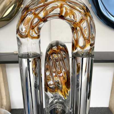 Chain Floor Lamp in Chrome Metal and Murano Glass. Aldo Nason for Mazzega. Italy 1970. in the style of Venini, La Murrina, Seguso, Carlo Nason, Poliarte, Esperia, Angelo Brotto, Stilnovo, Arteluce, Arredoluce, Artemide, Pierre Cardin, Lumi, Luci, Raak, Angelo Lelii, Francesco Bocola, Superstudio, Enrico Tronconi, Mario Bellini, Harvey Guzzini, Luigi Massoni, Martinelli, Fabio Lenci, Gio Ponti. Mid-Century Modern Space Age Brass Chandelier Lamps