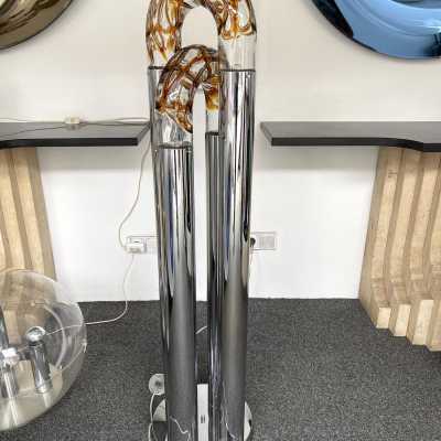 Chain Floor Lamp in Chrome Metal and Murano Glass. Aldo Nason for Mazzega. Italy 1970. in the style of Venini, La Murrina, Seguso, Carlo Nason, Poliarte, Esperia, Angelo Brotto, Stilnovo, Arteluce, Arredoluce, Artemide, Pierre Cardin, Lumi, Luci, Raak, Angelo Lelii, Francesco Bocola, Superstudio, Enrico Tronconi, Mario Bellini, Harvey Guzzini, Luigi Massoni, Martinelli, Fabio Lenci, Gio Ponti. Mid-Century Modern Space Age Brass Chandelier Lamps