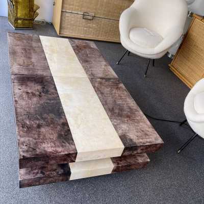 Parchment goatskin bar coffee table by Aldo Tura. Italy 1970 wood mirror Renato Zevi, Romeo Rega, Maison Jansen, Willy Rizzo, Mario Sabot, Maison et Jardin Gallery, Dal Vera console side tables