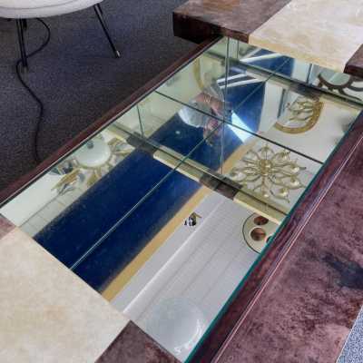 Parchment goatskin bar coffee table by Aldo Tura. Italy 1970 wood mirror Renato Zevi, Romeo Rega, Maison Jansen, Willy Rizzo, Mario Sabot, Maison et Jardin Gallery, Dal Vera console side tables