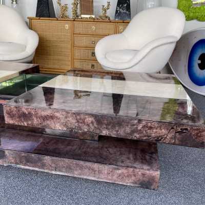 Parchment goatskin bar coffee table by Aldo Tura. Italy 1970 wood mirror Renato Zevi, Romeo Rega, Maison Jansen, Willy Rizzo, Mario Sabot, Maison et Jardin Gallery, Dal Vera console side tables