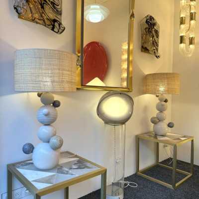 Pair of ceramic Cone table lamps by Antonio Cagianelli. Italy 2022. Contemporary work, limited edition of 10 copies. Pretty rattan raffia lampshades. Artist preserved in the permanent collections of the Museum of Decorative Arts in Paris. floor lamp chandelier mid-century modern terracotta brass contemporary art artist