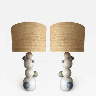 Pair of ceramic Cone table lamps by Antonio Cagianelli. Italy 2022. Contemporary work, limited edition of 10 copies. Pretty rattan raffia lampshades. Artist preserved in the permanent collections of the Museum of Decorative Arts in Paris. floor lamp chandelier mid-century modern terracotta brass contemporary art artist