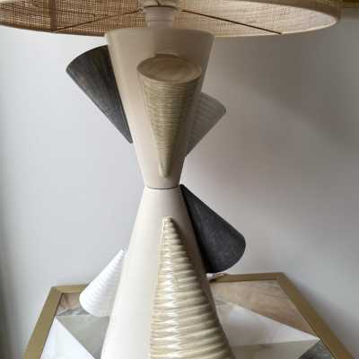 Pair of ceramic Cone table lamps by Antonio Cagianelli. Italy 2022. Contemporary work, limited edition of 10 copies. Pretty rattan raffia lampshades. Artist preserved in the permanent collections of the Museum of Decorative Arts in Paris. floor lamp chandelier mid-century modern terracotta brass contemporary art artist