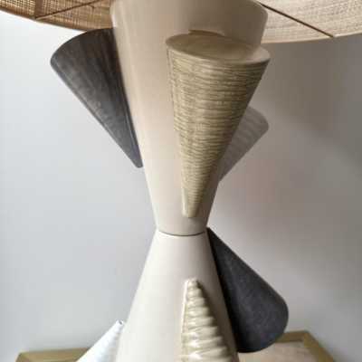 Pair of ceramic Cone table lamps by Antonio Cagianelli. Italy 2022. Contemporary work, limited edition of 10 copies. Pretty rattan raffia lampshades. Artist preserved in the permanent collections of the Museum of Decorative Arts in Paris. floor lamp chandelier mid-century modern terracotta brass contemporary art artist