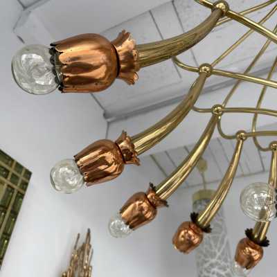 chandelier suspension brass flowers copper italy 1950 1960