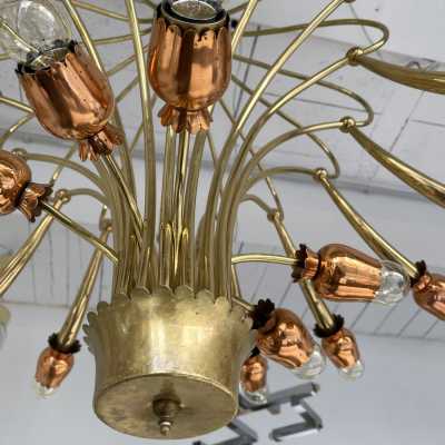 chandelier suspension brass flowers copper italy 1950 1960