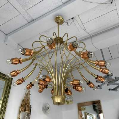 chandelier suspension brass flowers copper italy 1950 1960